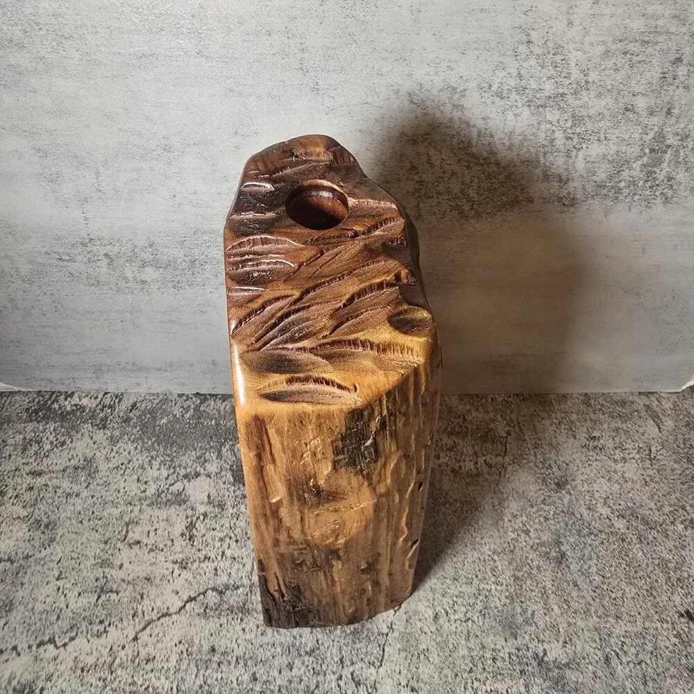 VTG MCM Walnut Rustic Wood Burl Bud Vase Handcrafted Turned Bird & Cattails